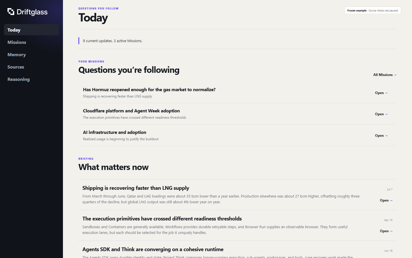 Driftglass’s public example, with ongoing questions and the briefing linked to each.