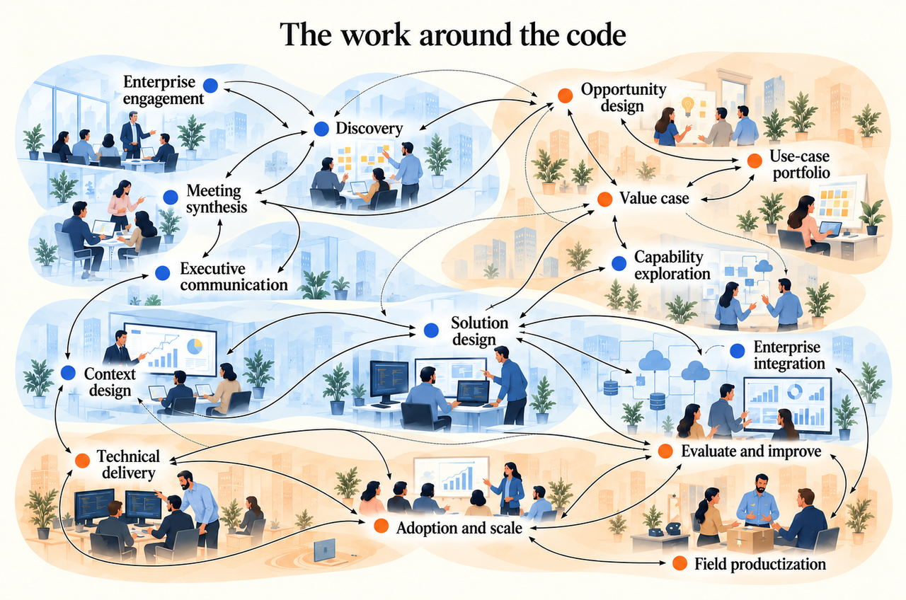 Illustrated map of forward-deployed work, connecting customer discovery, opportunity and solution design, integration, evaluation, delivery and adoption.