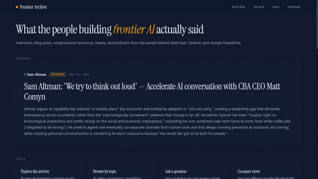 Frontier Archive showing public AI statements and ways to explore them.